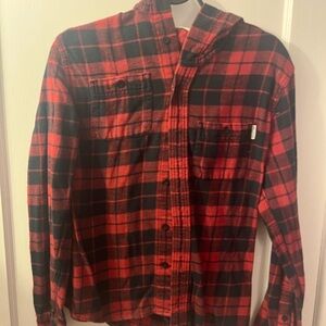 Red and Black Hooded Plaid Men's Shirt